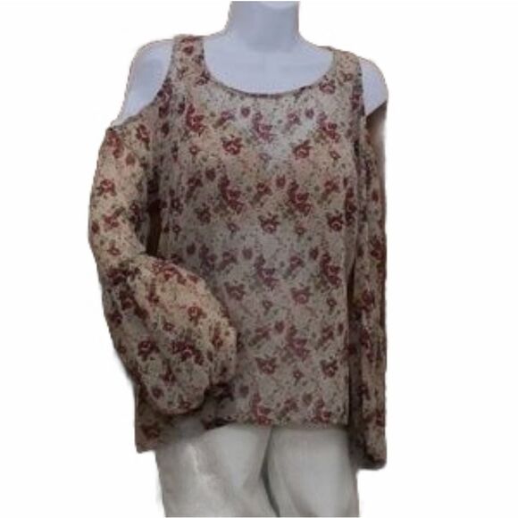 A'Reve Roses On Tan Sheer Cold Shoulder Blouse w/ Lace Racer Back  Bishop sleeve - Picture 1 of 7